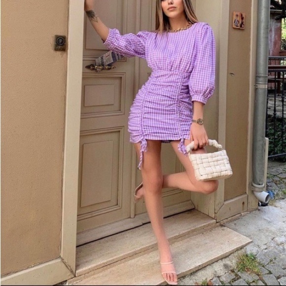ZARA Blogger Lilac Gingham Ruched Mini Dress - Picture 11 of 16